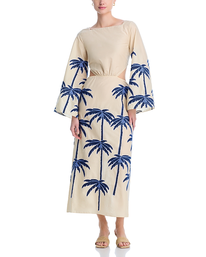 Johanna Ortiz Journey Embroidered Cotton-blend Midi Dress In Ecru/blue