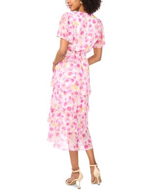 Floral Print Flutter Sleeve Tiered Ruffle Midi Dress