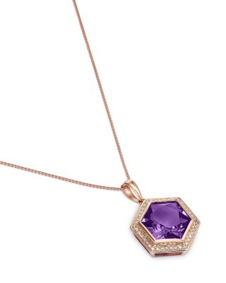 Amethyst & Diamond Bezel Pendant Necklace in 14K Rose Gold, 18"