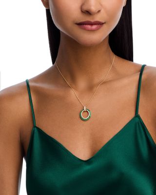 Emerald & Diamond Circle Pendant Necklace in 14K Yellow Gold