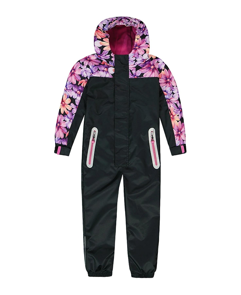 Deux Par Deux Girl's Mid-season One-piece Outerwear Black With Pink And Orange Flowers In Black With Pink And Orange Flowers