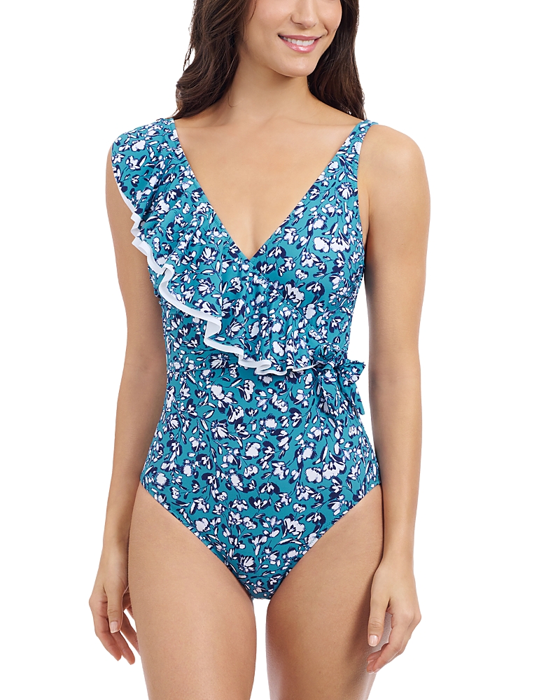 Shop Profile By Gottex Juliette V Neck Ruffle One Piece Swimsuit In Teal