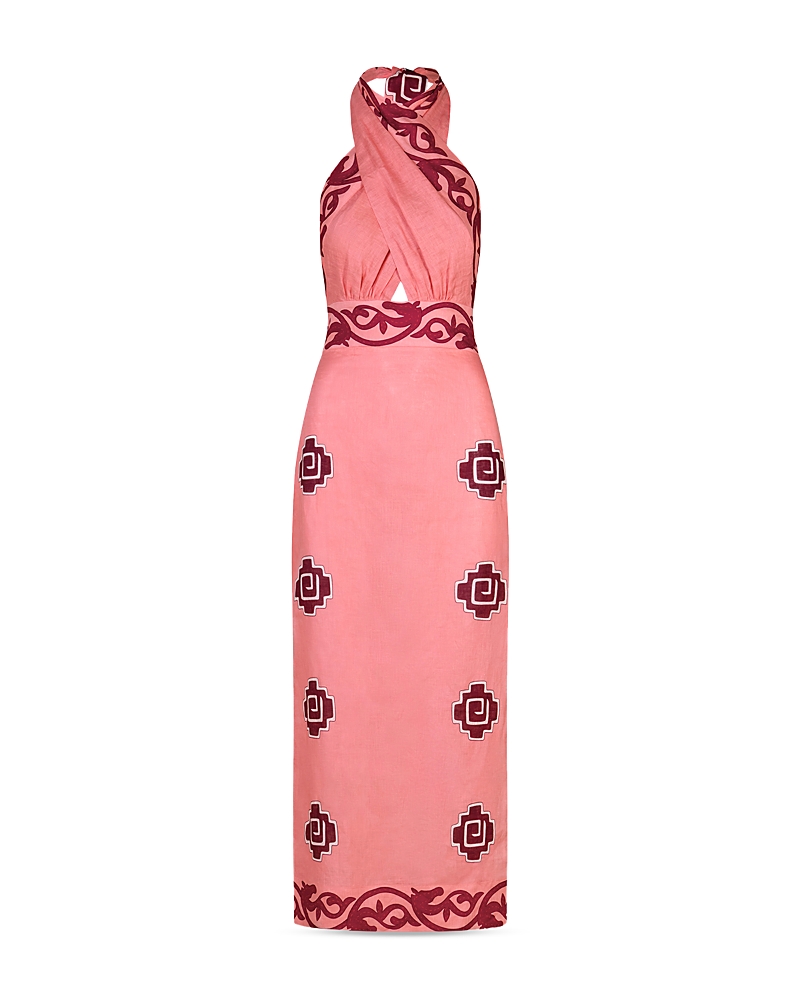 Johanna Ortiz Energetic Patterns Linen Halter Midi Dress In Pink/wine/red