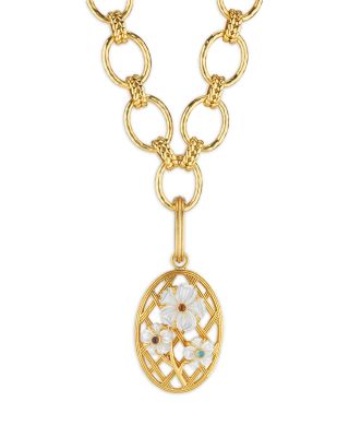 Villandry Dyed Jade & Mother Of Pearl Flower Lattice Pendant in 18K Gold Plated