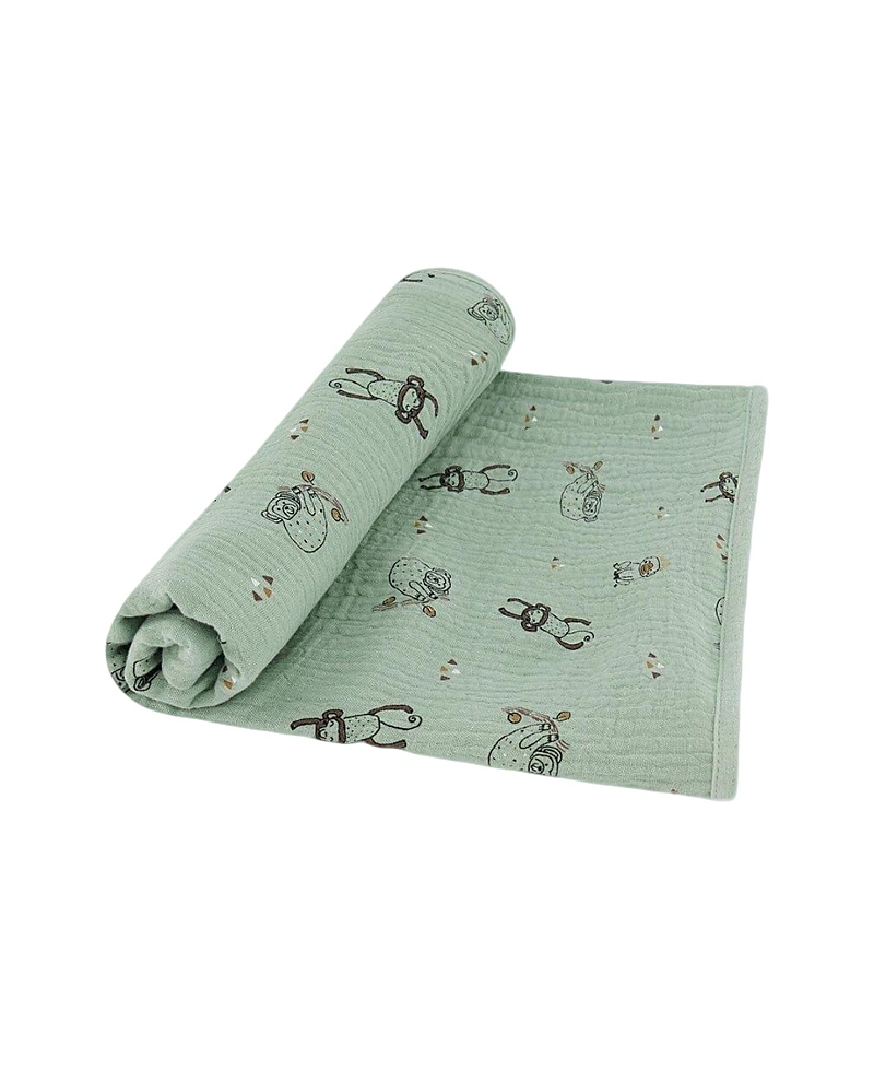 Deux Par Deux Printed Muslin Blanket Sage Monkey In Sage Monkey