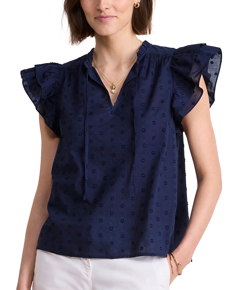 Vineyard Vines Double Ruffle Flutter Sleeve Top In Nautical Navy