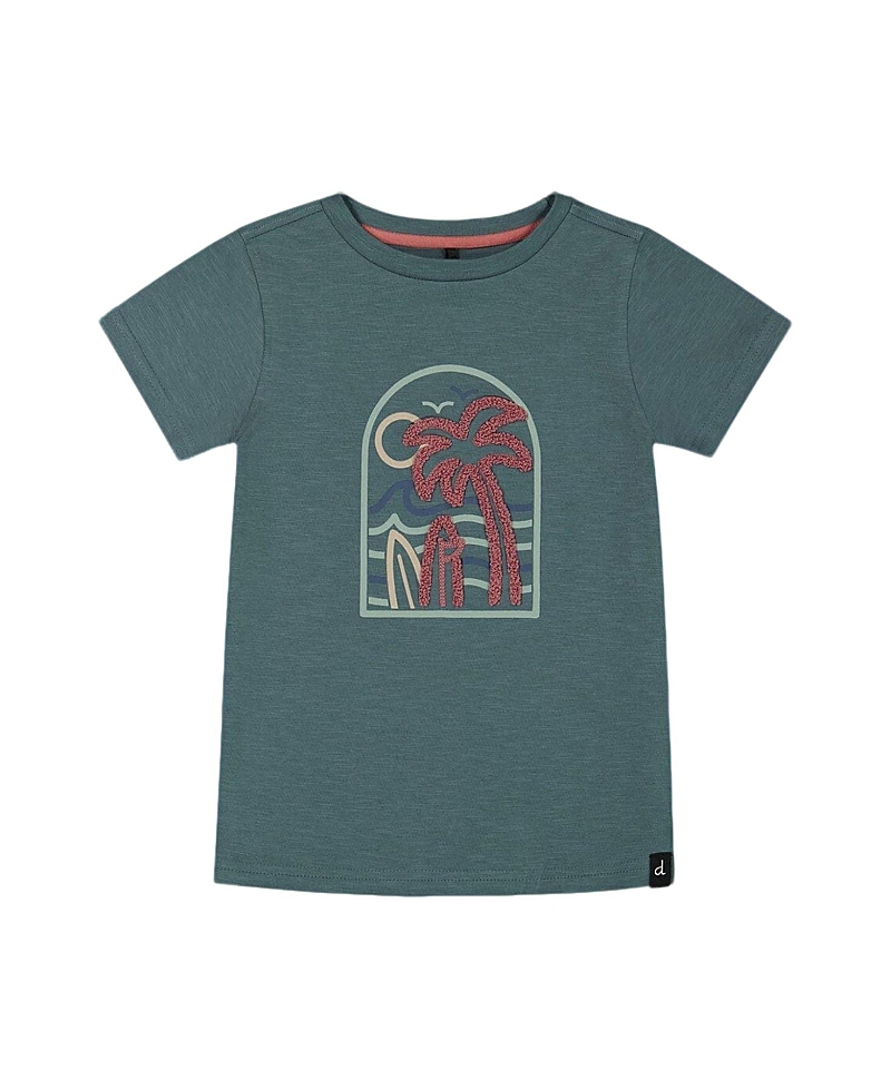 Deux Par Deux Little Boy's Short Sleeve Organic Cotton Graphic Tee Teal And Dark Old Rose In Teal And Dark Old Rose