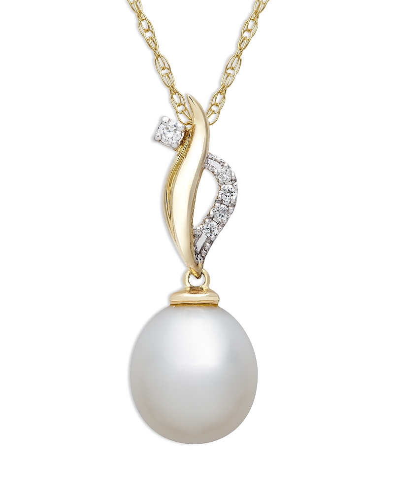 Bloomingdale's Fine Collection Cultured Freshwater & Diamond Swirl Pendant Necklace In 14k Yellow Gold, 18 In White