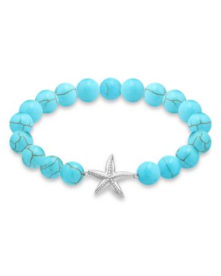 AQUA - Starfish Charm Gemstone Beaded Stretch Bracelet in Sterling Silver - Exclusive