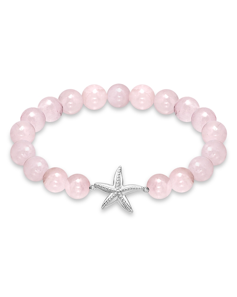 Aqua Starfish Charm Gemstone Beaded Stretch Bracelet In Sterling Silver - Exclusive In Pink/silver