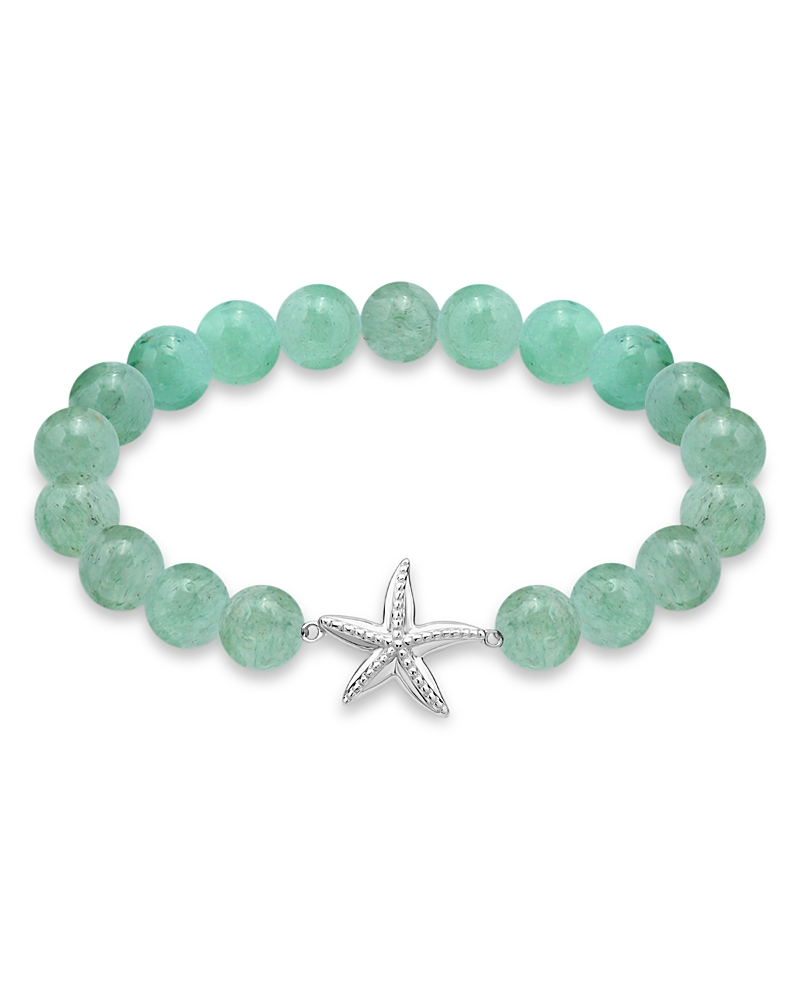 Aqua Starfish Charm Gemstone Beaded Stretch Bracelet In Sterling Silver - Exclusive