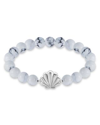 Clam Shell Charm Gemstone Beaded Stretch Bracelet in Sterling Silver - Exclusive