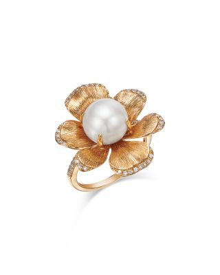 Bloomingdale's Fine Collection - Freshwater Pearl & Diamond Flower Ring in 14K Yellow Gold