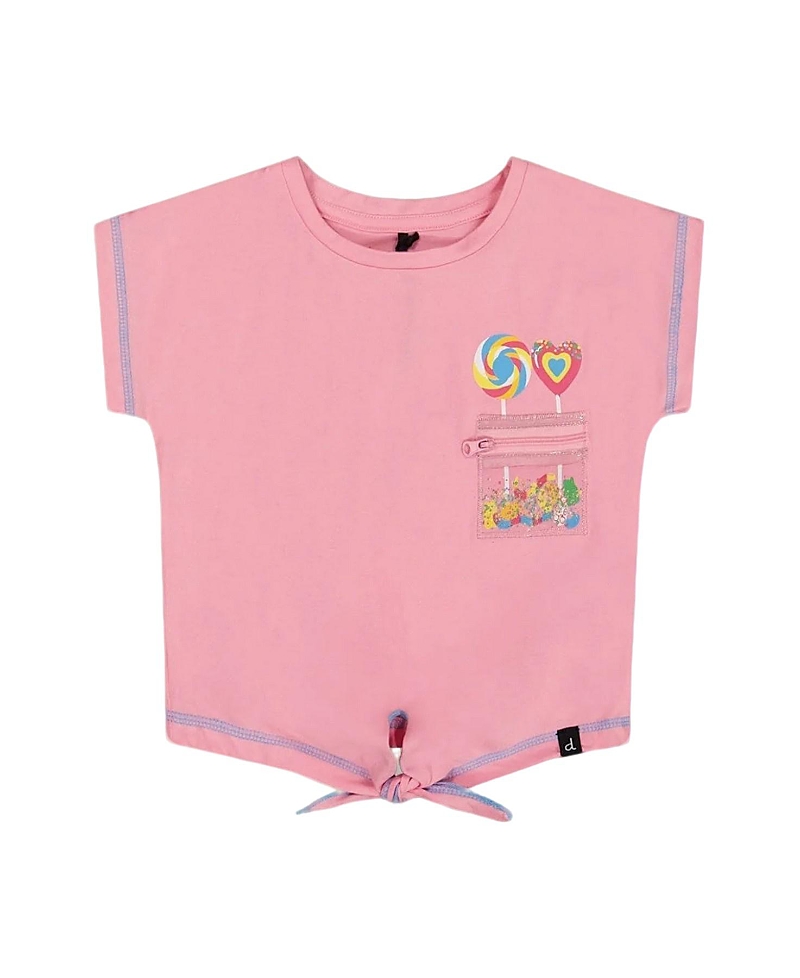 Deux Par Deux Girl's Organic Cotton Tee With Print And Knot Candy Pink In Candy Pink