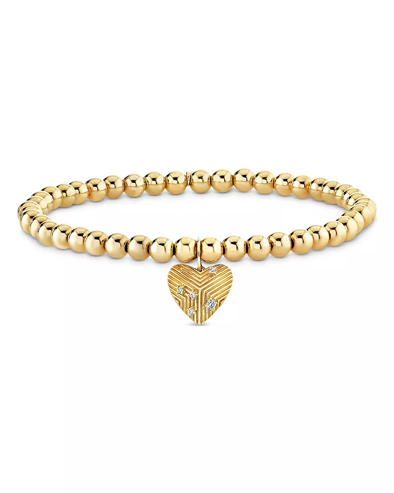 Sydney Evan 14K Yellow Gold Diamond Heart Charm Beaded Stretch Bracelet