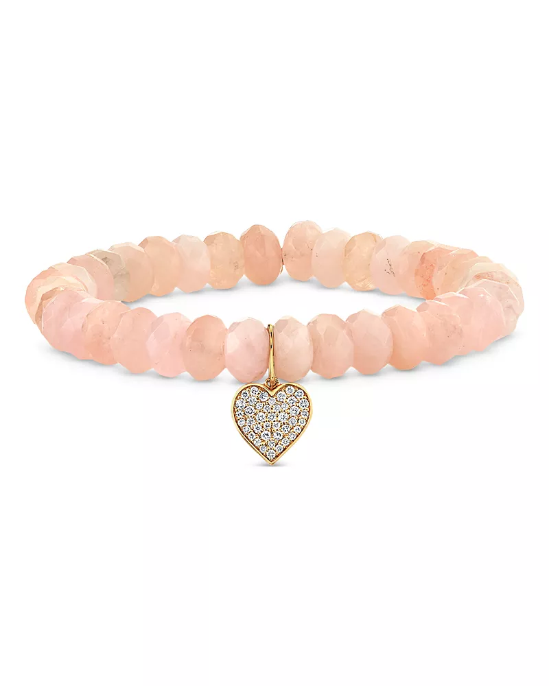 Sydney Evan 14K Yellow Gold Morganite & Diamond Pave Mini Heart Charm Beaded Bracelet