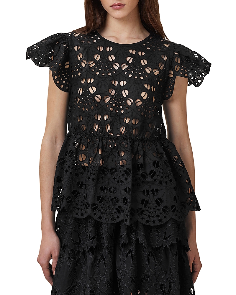 Allsaints Meadow Embroidered Short Sleeve Top In Black