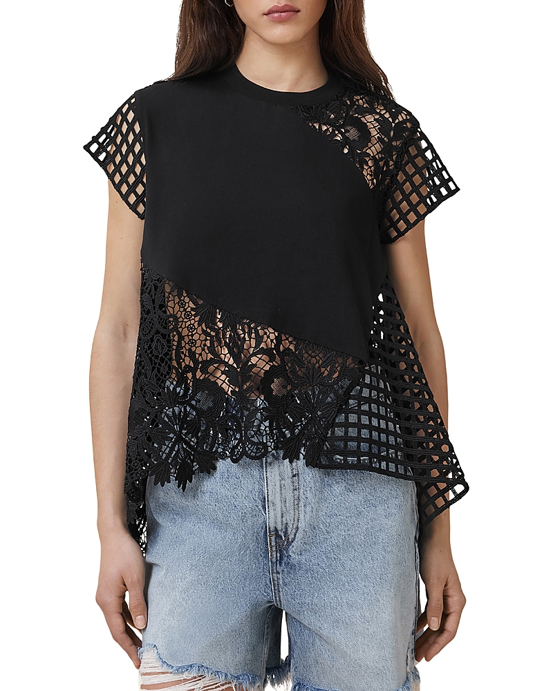 Allsaints Zala Lace Panel Asymmetric Top In Black