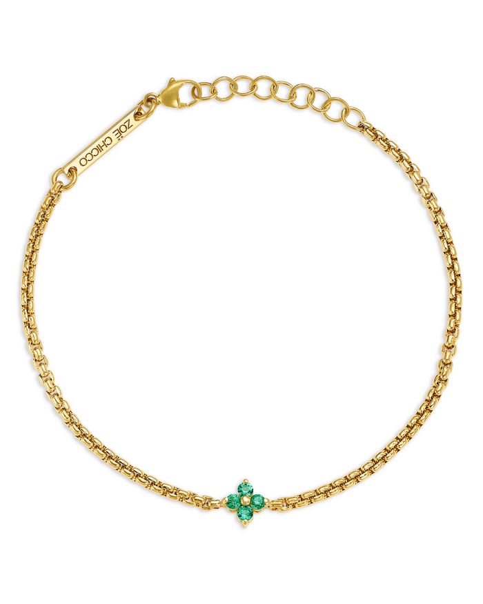 14K Yellow Gold Emerald Gemstones Flower Cluster Box Chain Link Bracelet