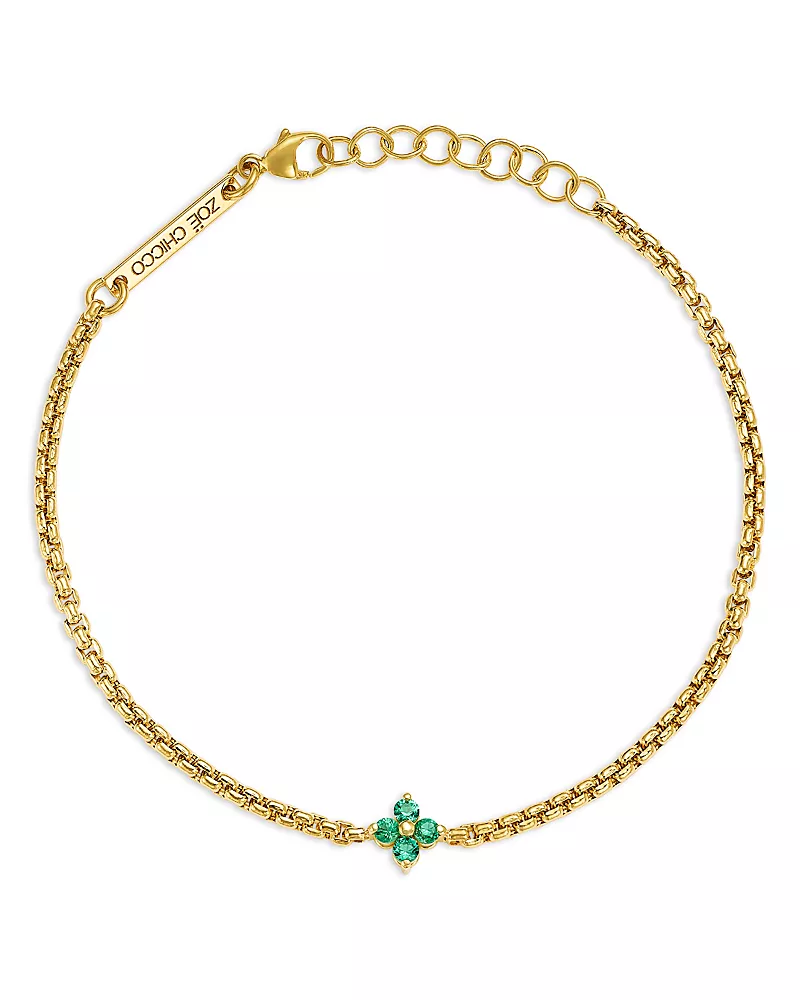 Zoe Chicco 14K Yellow Gold Emerald Gemstones Flower Cluster Box Chain Link Bracelet