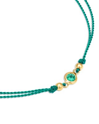 14K Yellow Gold Emerald Birthstones Silk Cord Slider Bracelet
