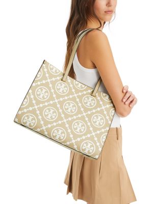 T Monogram Contrast Leather Tote