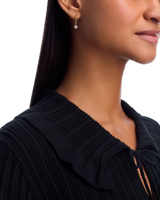 Diamond Flower Dangle & Polished Bead Huggie Hoop Earrings in 14K Yellow Gold, 0.25 tcw