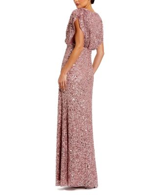 Draped Sleeves Ruched Waist Detail V-Neck Gown