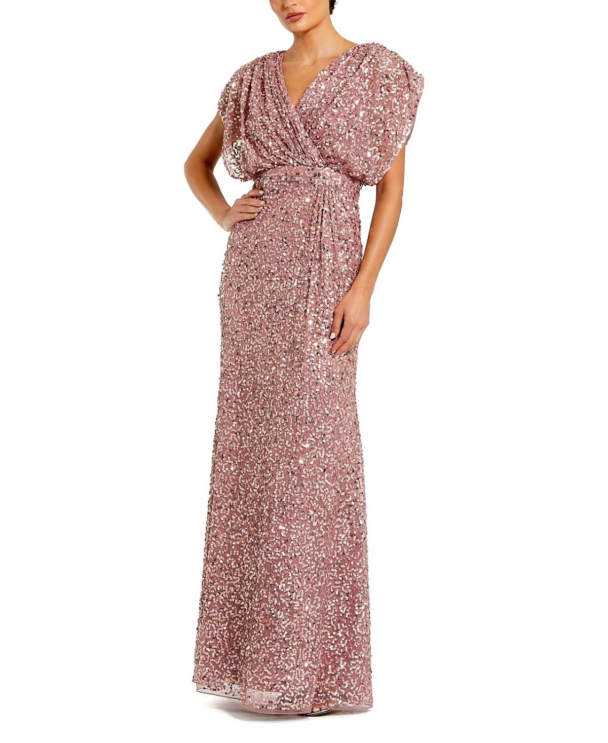 Mac Duggal Draped Sleeves Ruched Waist Detail V-Neck Gown