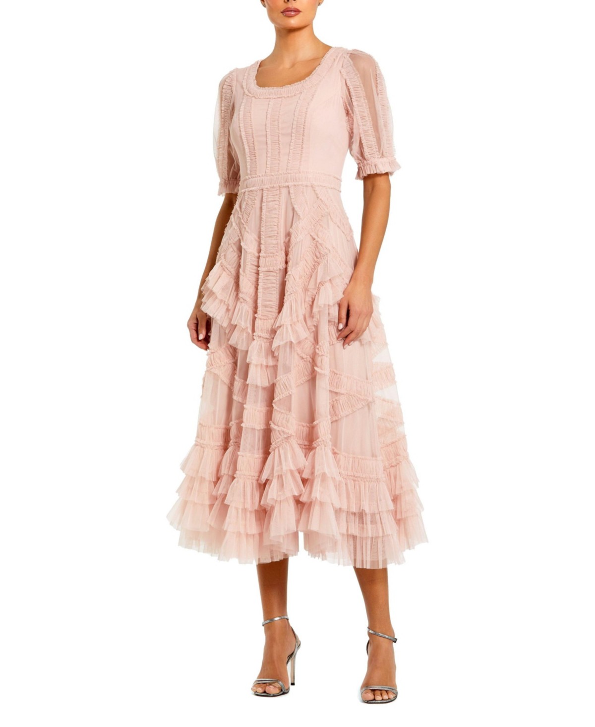 Short Sleeve Mesh Mirco Ruffle Midi Dress