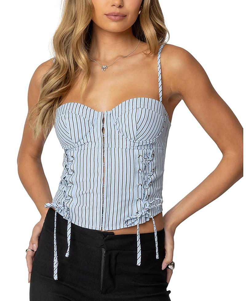 Shop Edikted Lois Lace Up Pinstripe Corset In Light-blue
