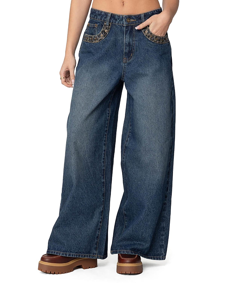Edikted Gwen Leopard Detail Low Rise Dark Rinse Wash Jeans In Blue