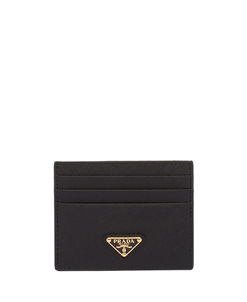 Prada Textured Black Wallet With Triangular Logo Emblem In Black/gold