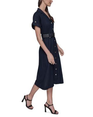Belted Button Front A Line Dress