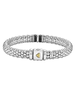 18K Yellow Gold & Sterling Silver Black Caviar Ceramic & Diamond Bead Link Bracelet