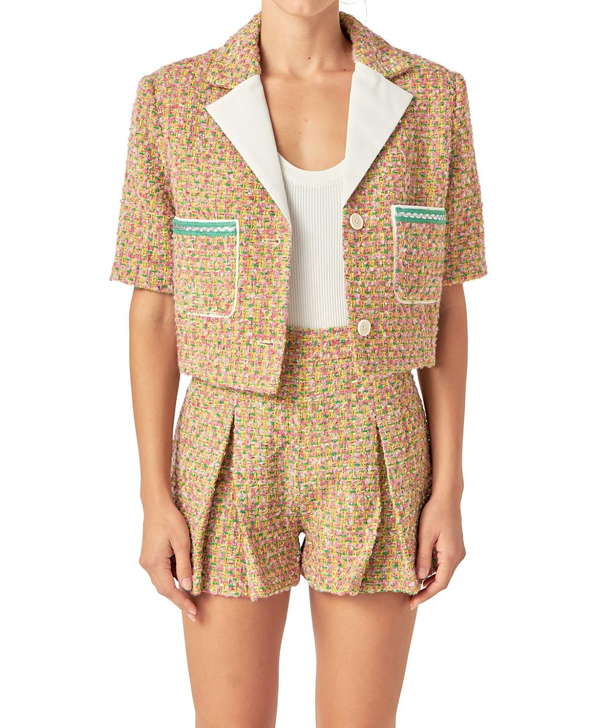 English Factory Women's Boucle Cropped Jacket with Trim