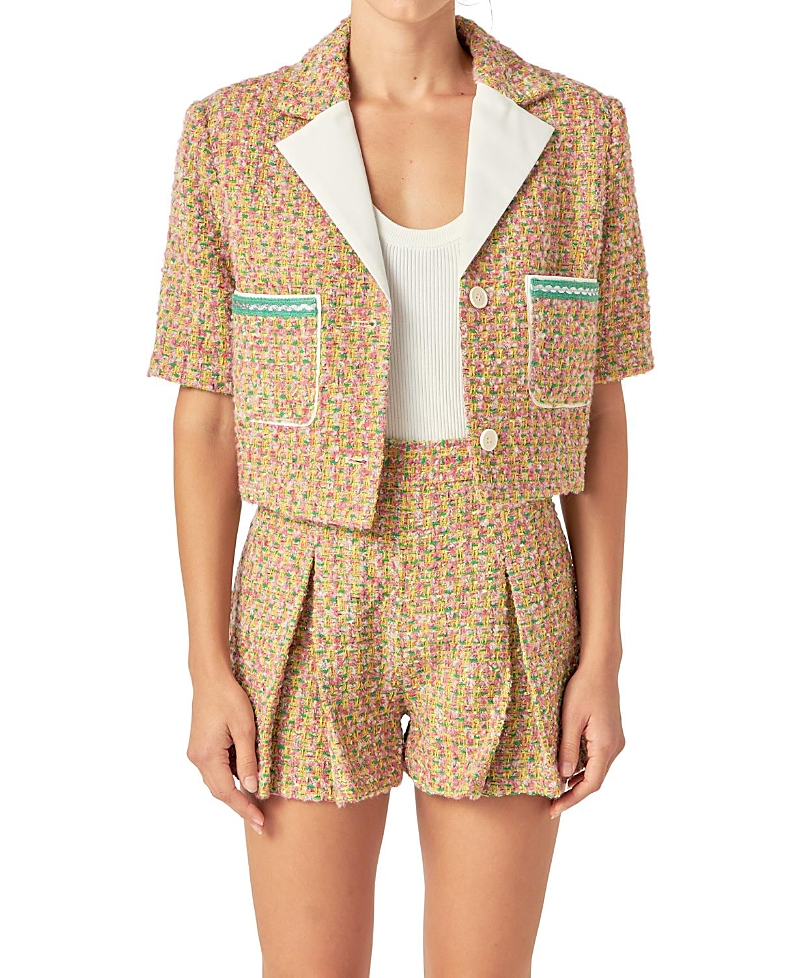 English Factory Women's Boucle Cropped Jacket with Trim
