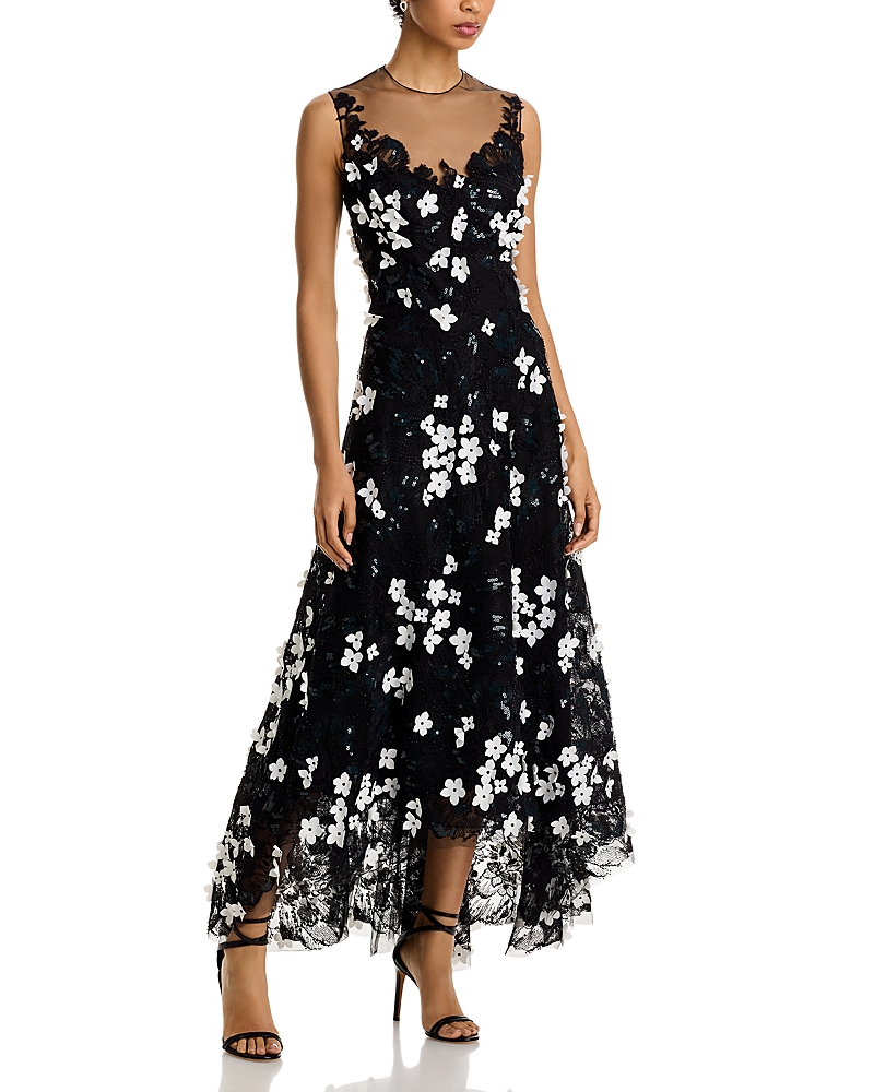 Teri Jon By Rickie Freeman Tulle Beaded 3d Flower High Low Hem Gown In Black White