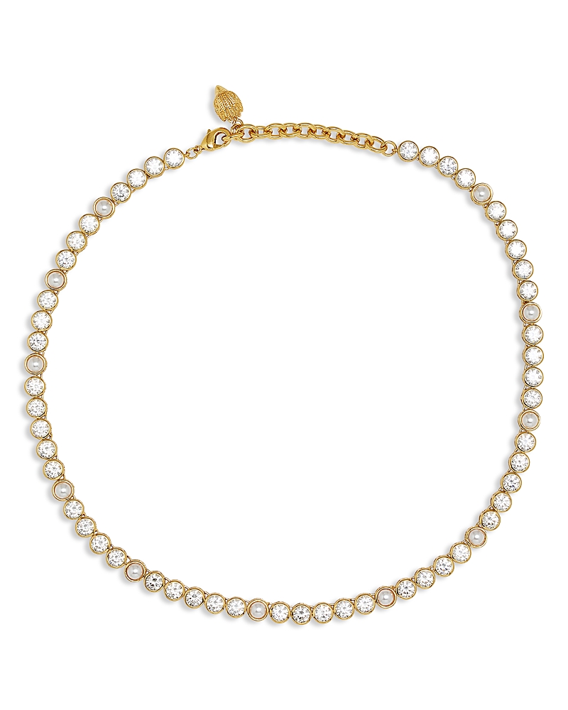KURT GEIGER IMITATION PEARL & CUBIC ZIRCONIA BEZEL VINTAGE STYLE TENNIS NECKLACE, 16-18
