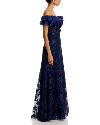 Organza Off Shoulder Sequin Embroidered Tulle Gown