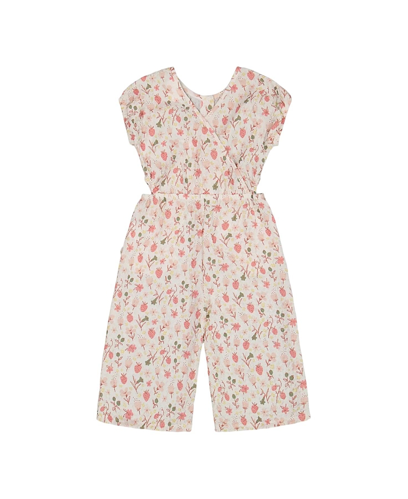 Deux Par Deux Girl's Printed Seersucker Jumpsuit With Cut Outs Pink Flowers On Cream Background