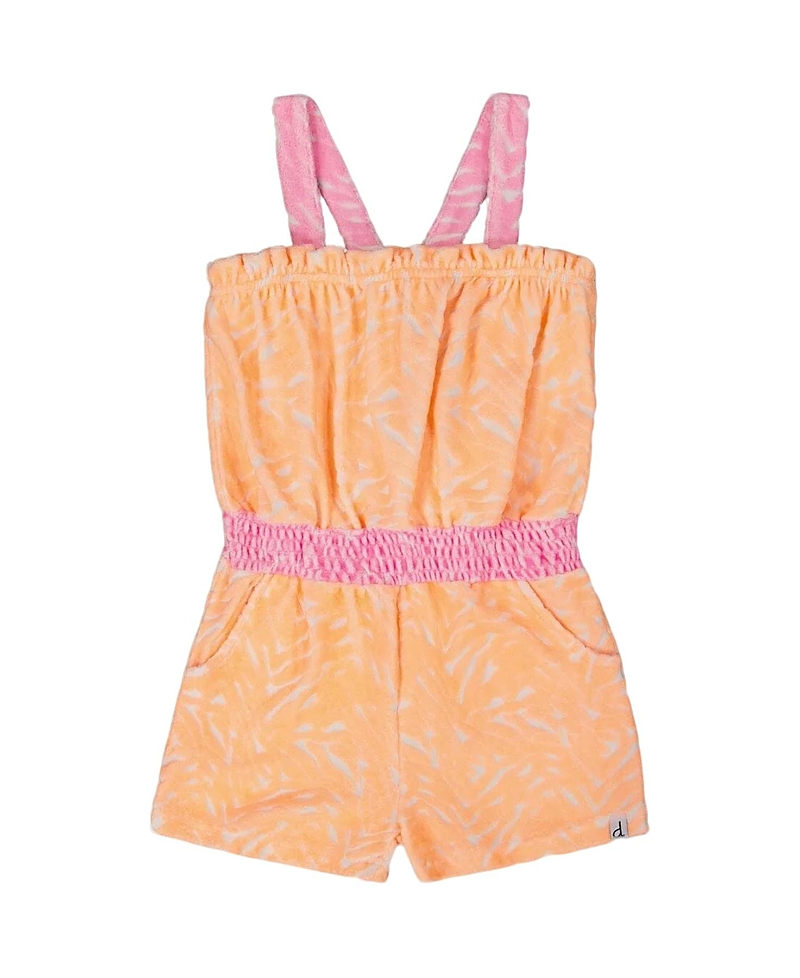 Deux Par Deux Girl's Printed Terry Cloth Romper Vibrant Orange And White