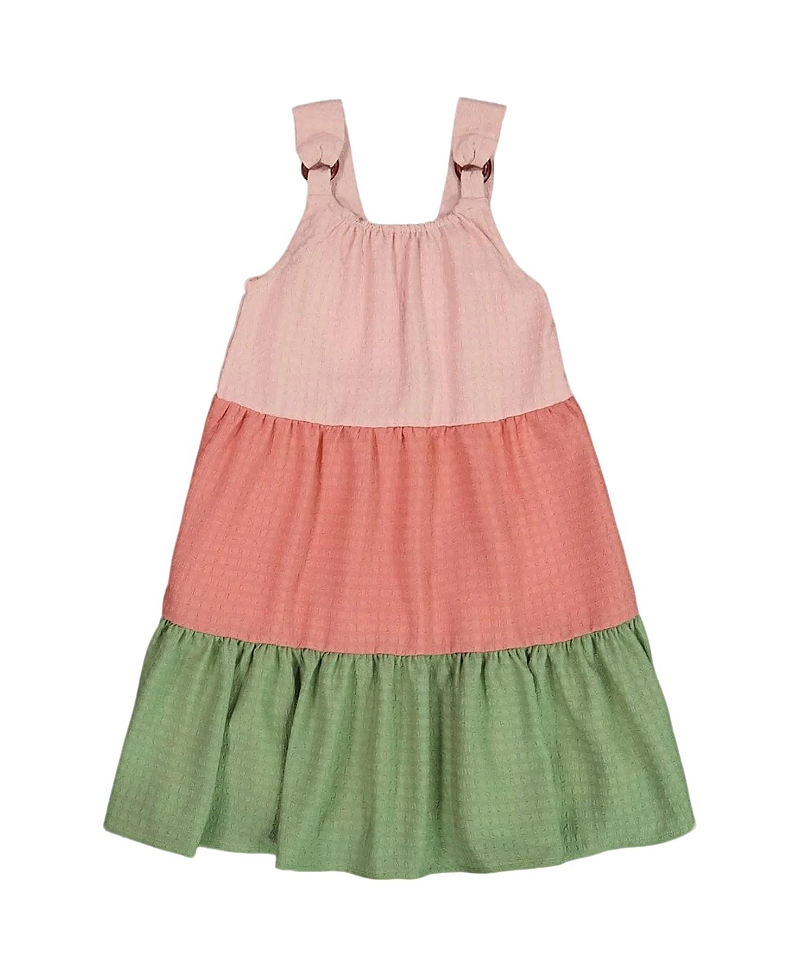 Deux Par Deux Girl's Tiered Color Block Peasant Dress Peach Pink And Green