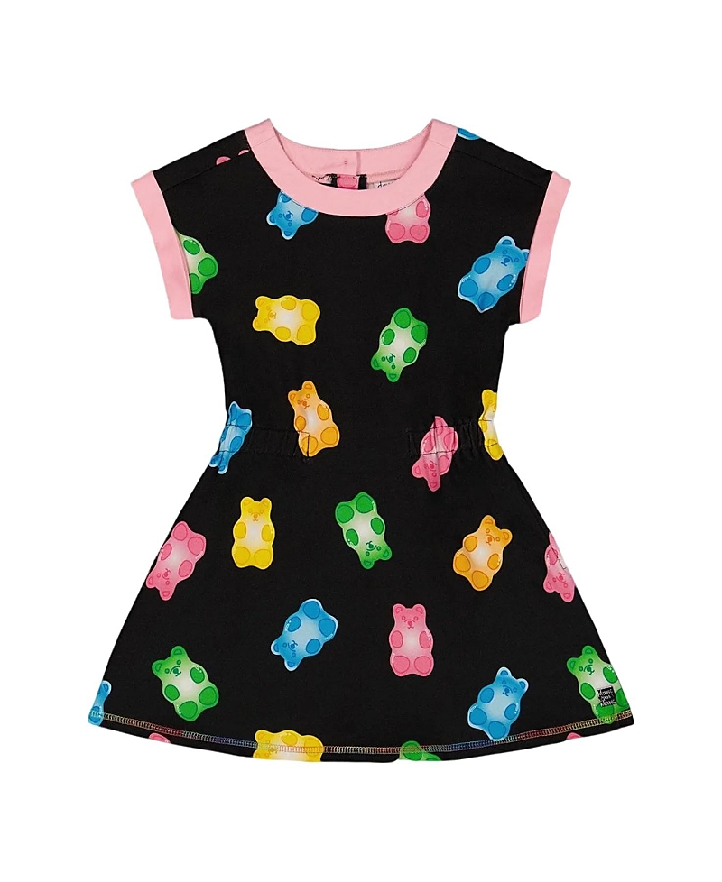 Deux Par Deux Girl's Printed French Terry Dress Black And Multicolored Gummies In Black And Multicolored Gummies