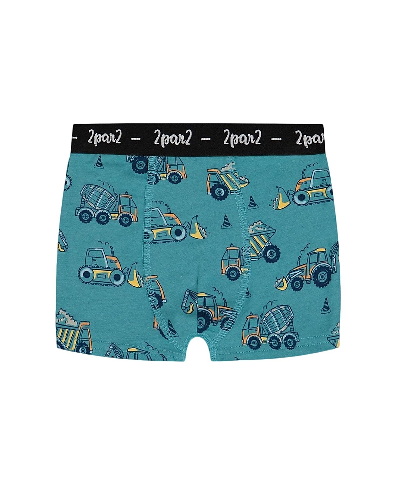 Deux Par Deux Boy's Printed Organic Cotton Boxer Shorts Teal With Yellow Truck In Teal With Yellow Truck