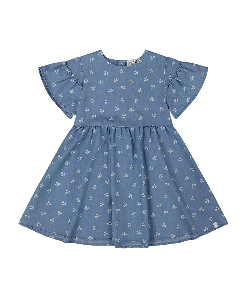 Deux Par Deux Girl's Printed Chambray Dress Blue And White Cherries