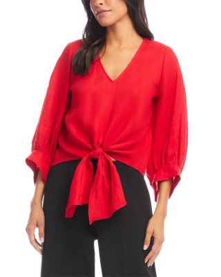 Karen Kane - Blouson Sleeve Linen Tie Front Top