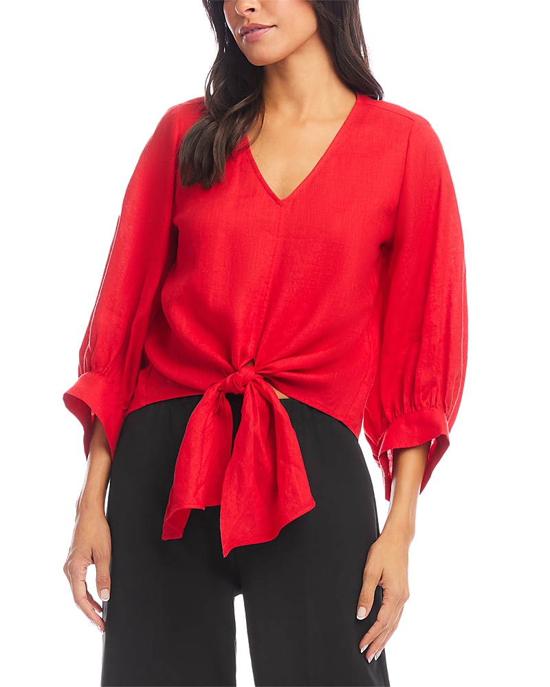 Karen Kane Blouson Sleeve Linen Tie Front Top