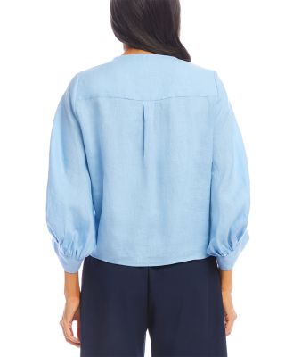 Blouson Sleeve Linen Tie Front Top