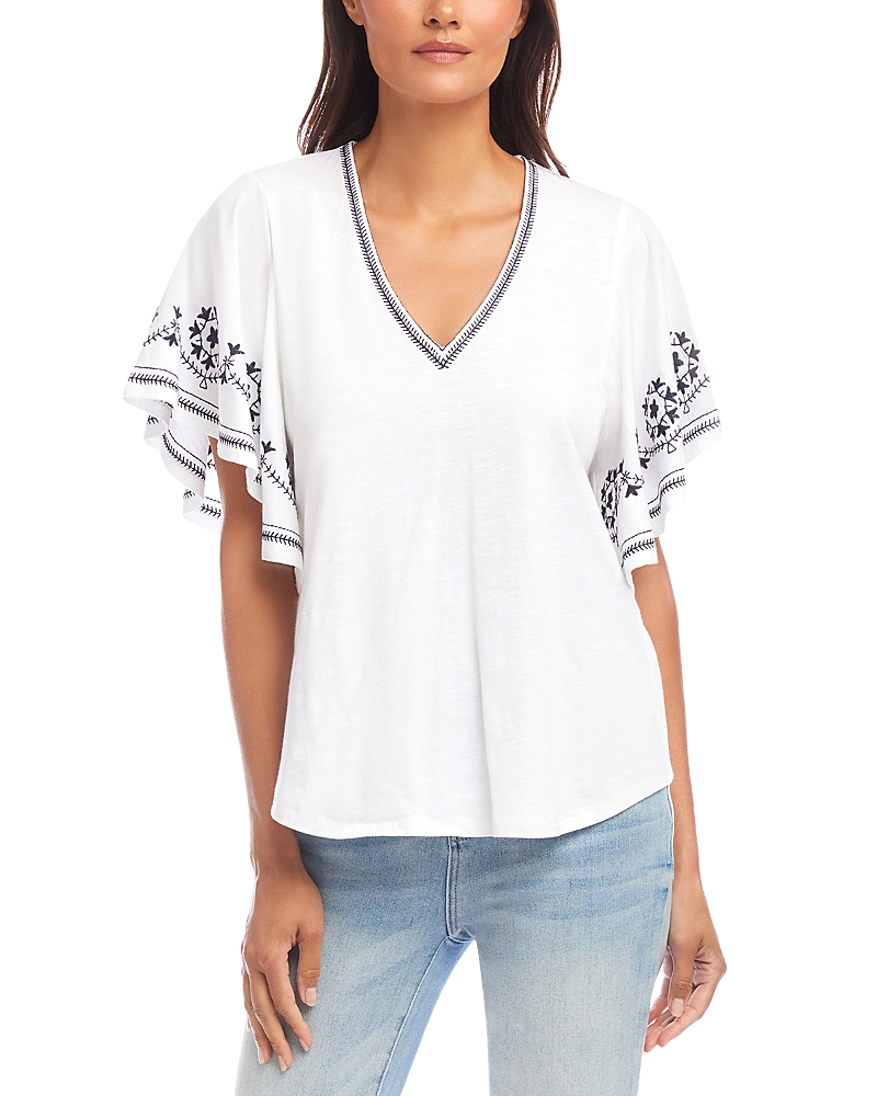 Karen Kane Embroidered Flutter Sleeve Organic Cotton Top